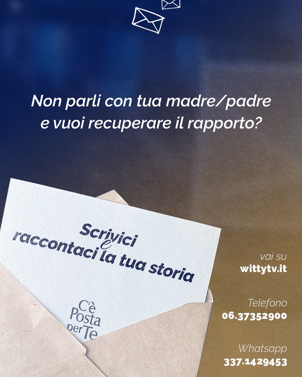 Non parli con tua madre/padre e vuoi recuperare il rapporto?
Scrivi a #CePostaPerTe qui: wittytv.it/racconta-la-tu… o invia un messaggio whatsapp al 337.1429453 o chiama il numero 06.37352900