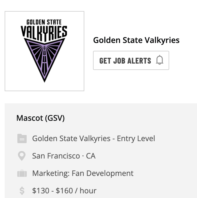 FOS's tweet photo. The Valkyries are hiring a mascot ahead of the team's inaugural season in the WNBA.

Pay range: $130-$160 an hour https://t.co/WKCLpQRkmm