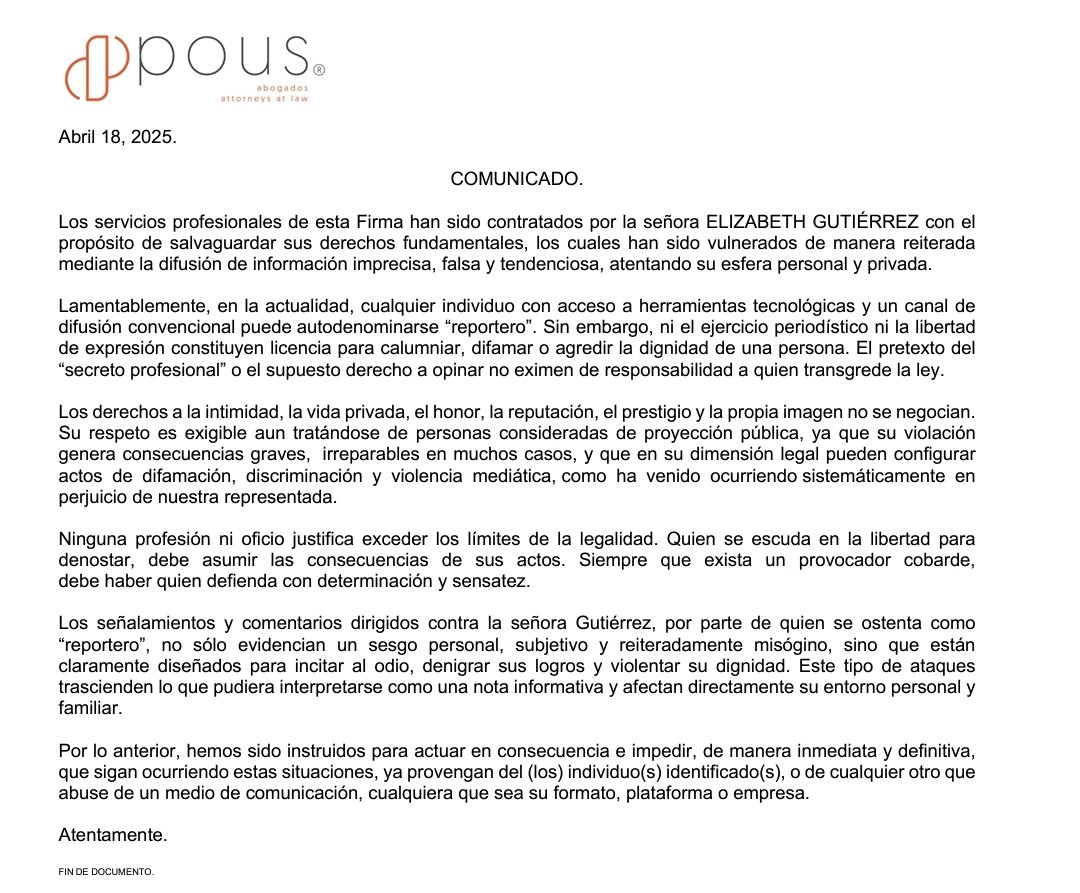 El despacho del abogado <a href="/guillermopous/">Guillermo Pous Fdz.</a> informa que @theonlyelizabethrodriguez irá con todo contra los seudoreporteros que insisten en ganarse la nota... inventando. 

Las acciones legales están en marcha y buscan frenar a quienes creen que difamar es parte del periodismo.