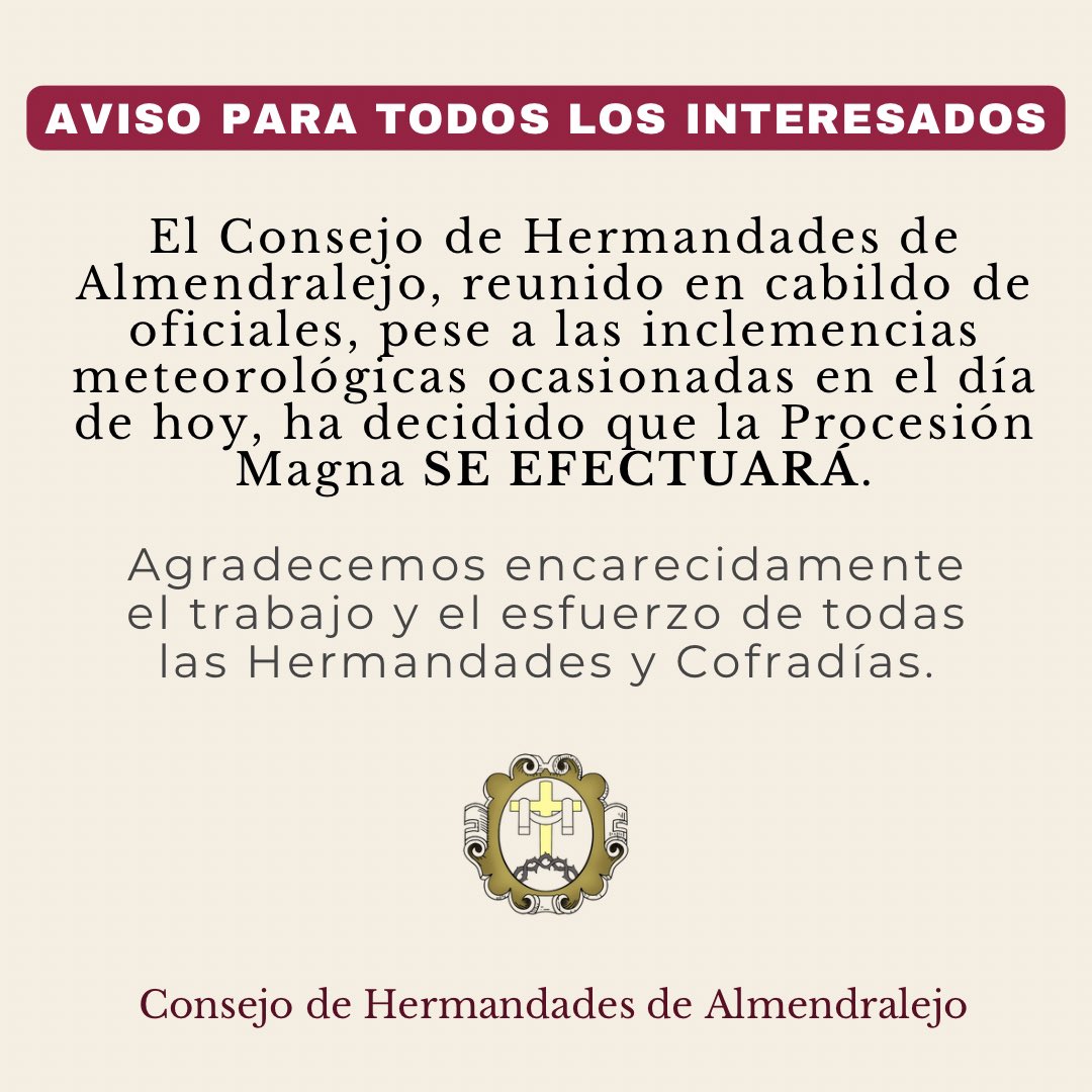 CONSEJOHH's tweet photo. ⚠️ ÚLTIMA HORA | PROCESIÓN MAGNA https://t.co/DHdgFunrHN