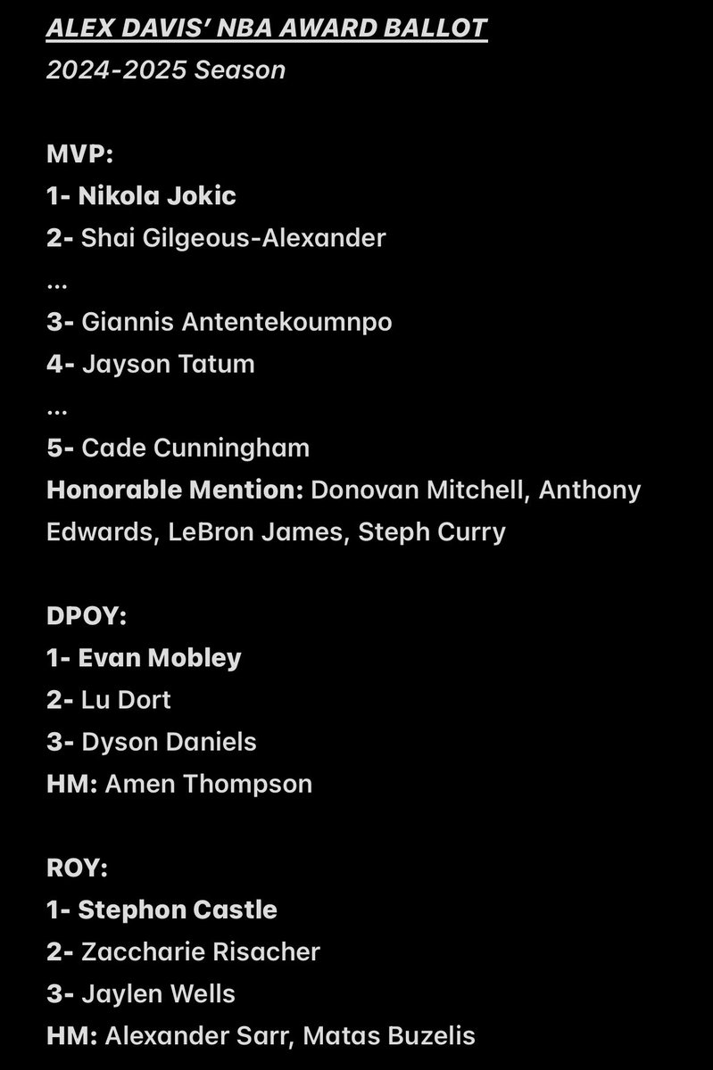 _ADavis15's tweet image. My award ballot and betting results for the ‘24-‘25 NBA season: