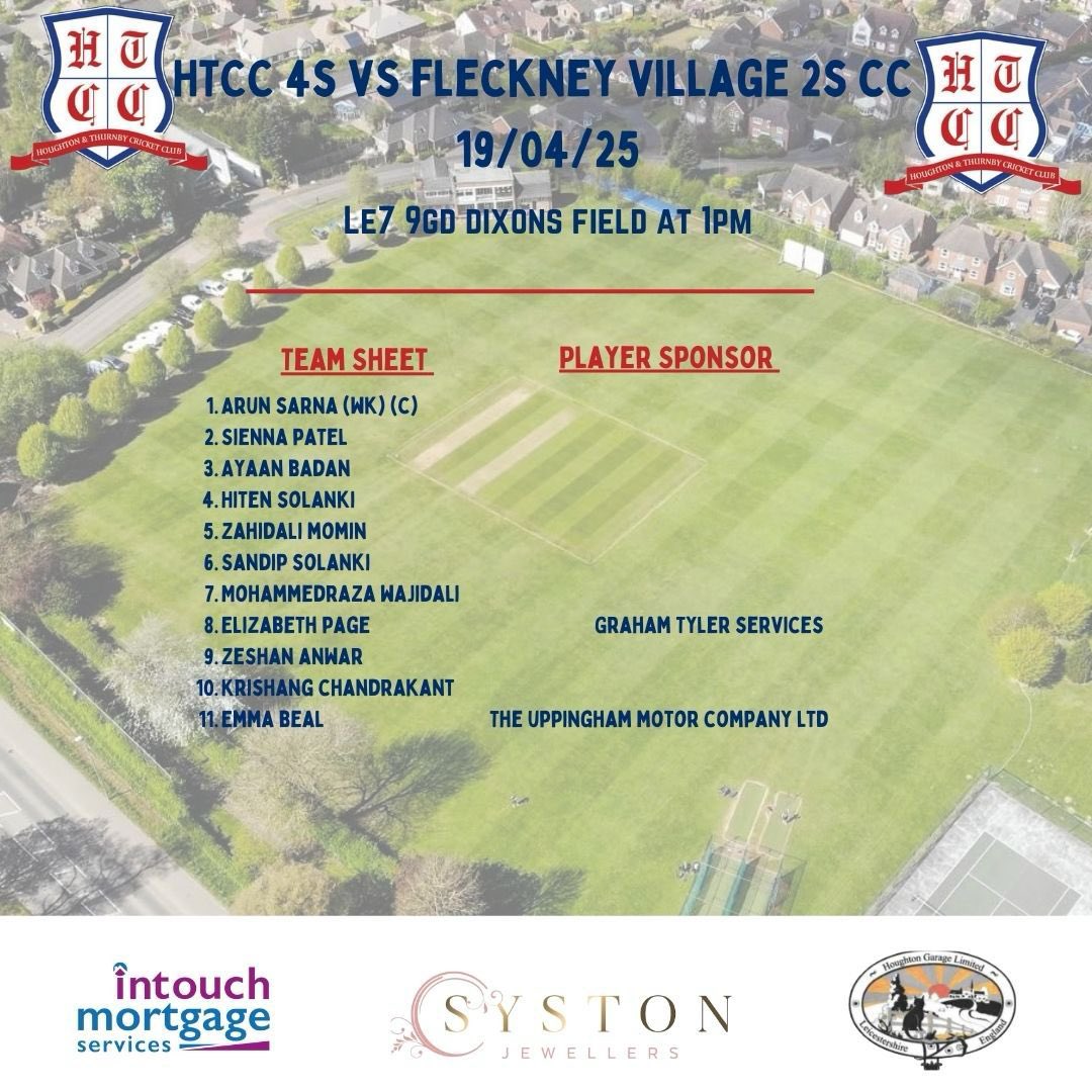 🚨TEAMS NEWS🚨

First weekend of the season has come round again🏏

1s vs Rothley Park CC (h) 
2s vs Leicester Cricketers CC (a)
3s vs Fleckney Village CC (a) 
4s vs Fleckney Village 2s CC (h)