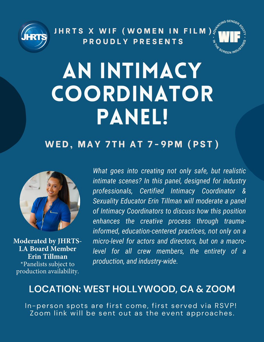 JHRTSLA's tweet photo. Want to see what goes into creating safe and realistically intimate scenes in movies &amp; TV? Join us &amp; see how Intimacy Coordinators enhance creative processes through trauma-informed &amp; education-centered practices.

May 7th, 7PM - 9PM WeHo &amp; Zoom
Register: https://t.co/WaPRTHZS3a https://t.co/Sw3gMkc4ak