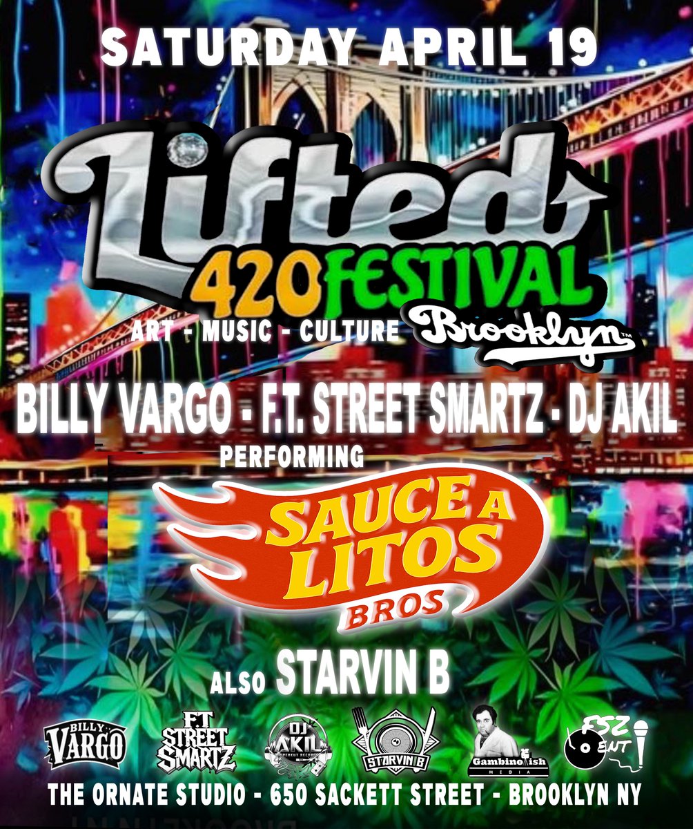 Pull up Will be rocking tomorrow @ the 3rd annual Lifted 420 festival Brooklyn @starvinpowbang @sauce_a_litos ( <a href="/ftstreetsmartz/">FT STREET SMARTZ</a> <a href="/dj/">Dorothy Jean Chang</a>.akil @vargo718 ) @gambinofish_media_   @uptownfunkevents #lifted420fest #bk #420 #nyc #hiphop #boombap #ftstreetsmartz #billyvargo #starvinb #djakil