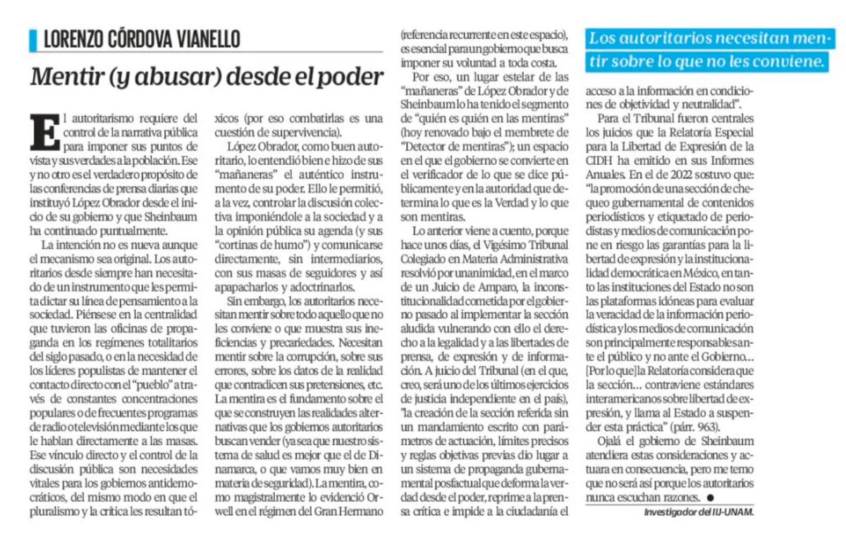 Lorenzo Córdova (<a href="/lorenzocordovav/">Lorenzo Córdova V.</a>), integrante de <a href="/IIJUNAMElector/">IIJUNAM-Electoral</a>, escribió en <a href="/El_Universal_Mx/">El Universal</a>.
Córdova menciona que los autoritarios desde siempre han necesitado de un instrumento que les permita dictar su línea de pensamiento a la sociedad. 👀🚨