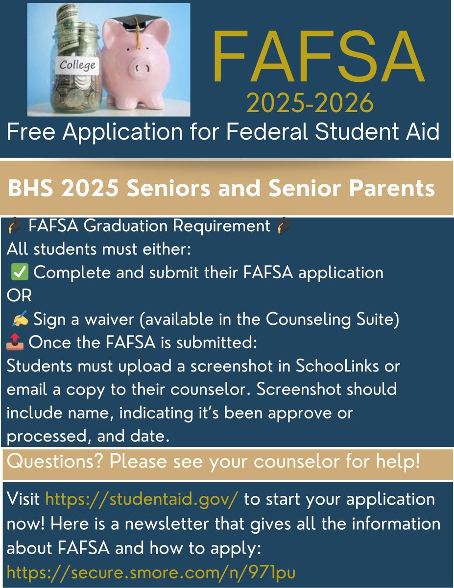 ATTN: SENIORS and SENIOR PARENTS
FAFSA is a graduation requirement.
Here is a video on how to upload your FAFSA documentation into SchooLinks.
youtu.be/fhGfEbvQyHY?si…