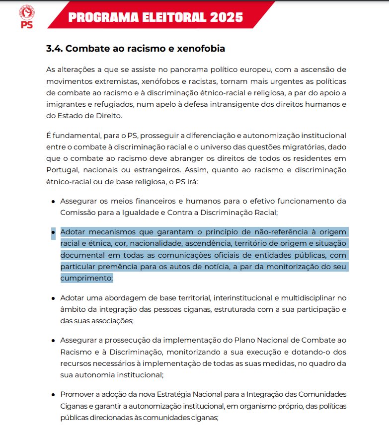 ⚠️‼️ O PS propõe no seu programa eleitoral para as legislativas 2025, censura TOTAL da etnia e raça dos criminosos nas notícias.  
Primeiro sob a chefia de António “Babush” Costa, importaram metade de África e do Indostão, agora sobre a direção de PNS querem abafar qualquer