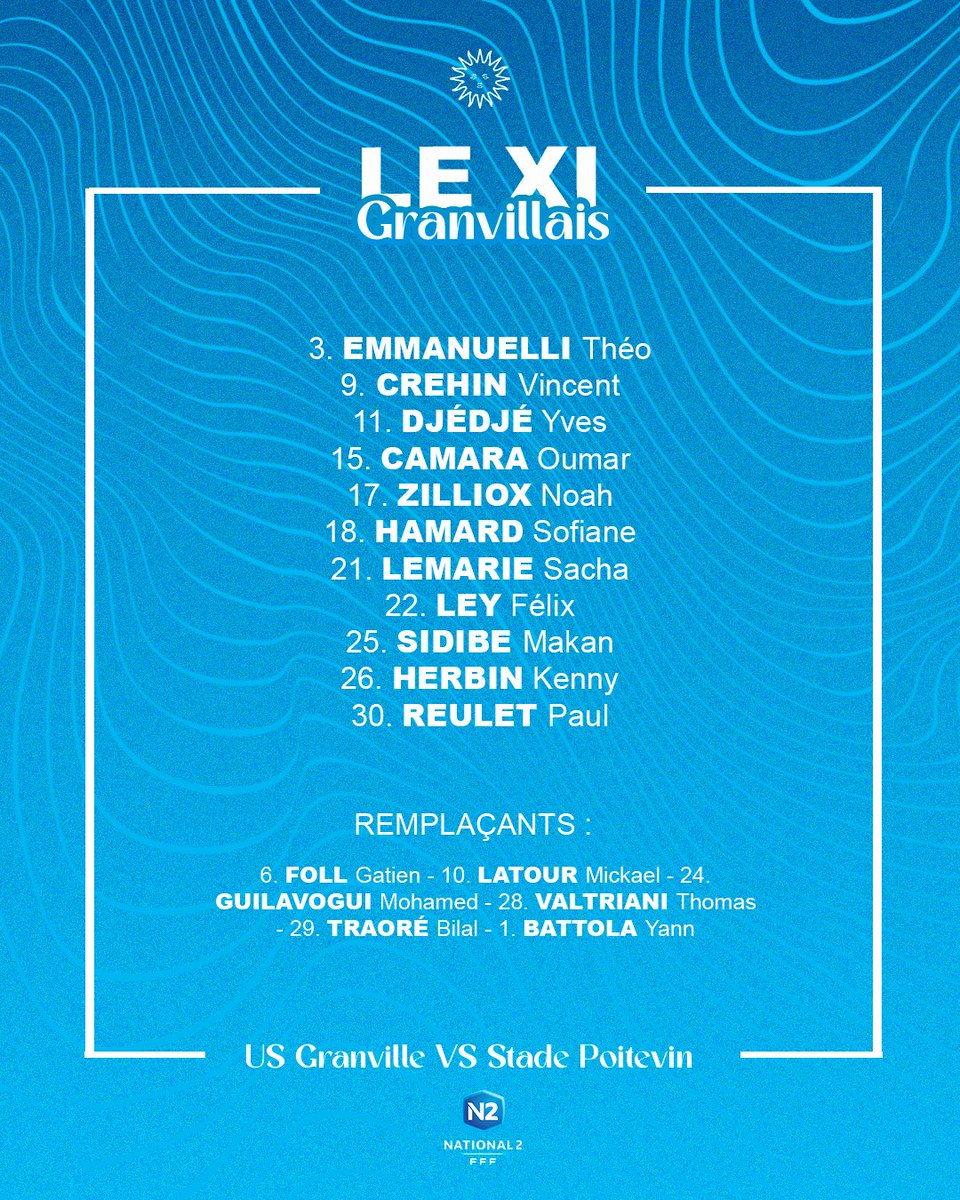 US_Granville's tweet photo. Le XI granvillais est là 🤝
Nos 11 titulaires pour ce match décisif face au Stade Poitevin.
💥 Coup d’envoi à 19h, à la maison !
#USGSPFC #TousCorsaires https://t.co/vuU6nXJBDO