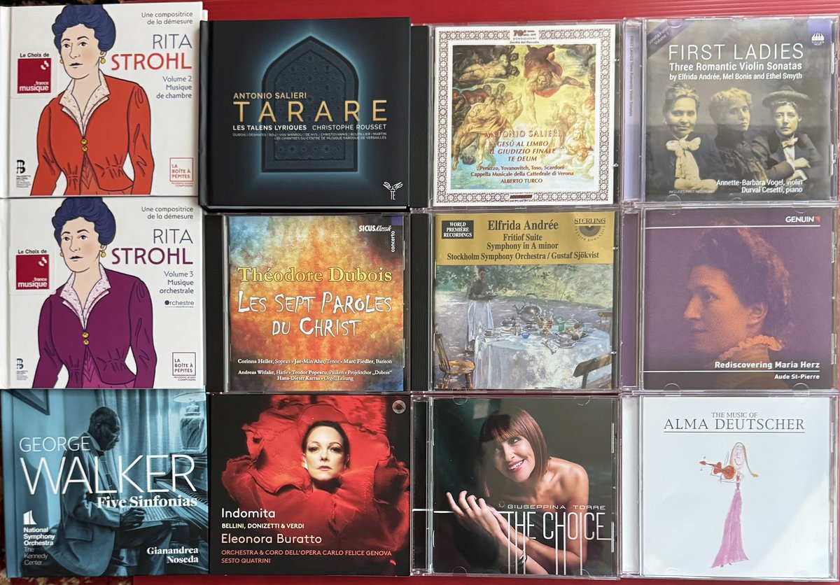BramaAlessandro's tweet photo. Albums listened to this week. Many #FemaleComposers: Rita #Strohl, Elfrida #Andrée, Maria #Herz, Mel #Bonis, Ethel #Smyth, Alma #Deutscher, and Giuseppina #Torre. Opera: #Salieri, #Bellini, #Donizetti, and #Verdi. Sacred music: #Salieri and #Dubois. Symphonic music: #Walker. https://t.co/JtEInoOOjU