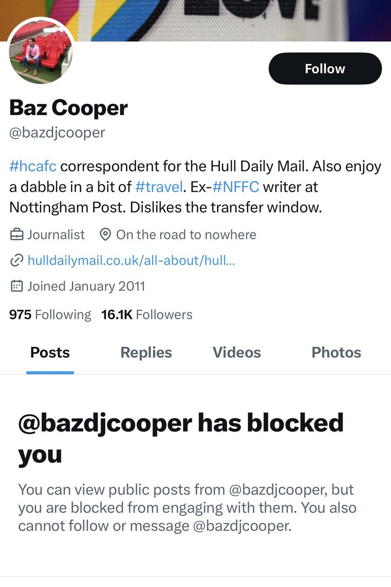 Gazarelda's tweet image. Amazing - Cooper has blocked me purely because I call him out for never criticising Selles. Ever.
I have never said anything personal about him, just called-out his bias and unprofessional approach.
What a pathetic excuse for a so-called journalist #hcafc