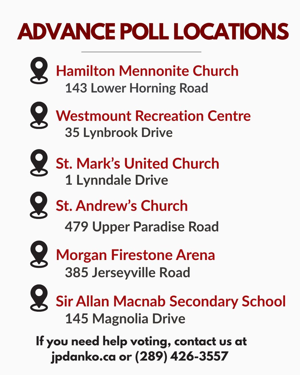 🗳️ ADVANCE POLLS NOW OPEN! 🗳️

Advance voting polls for the federal election are open today, tomorrow, Sunday and Monday across Hamilton West-Ancaster-Dundas. Vote for John-Paul DANKO and @markjcarney to keep #CanadaStrong #HamOnt