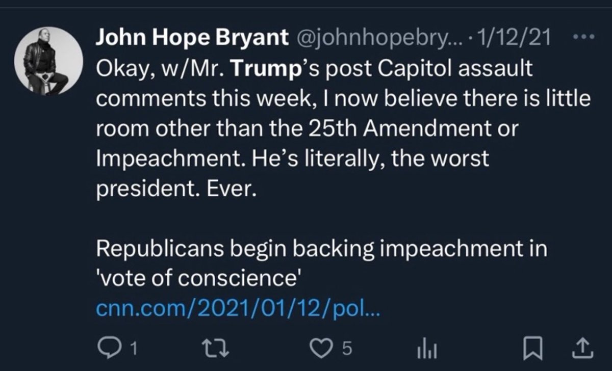 LauraLoomer's tweet photo. @elonmusk On 1/12/2021, @johnhopebryant called President Trump “the worst President. EVER.” 

He called for the 25th Amendment to be used against President Trump to remove him from office. 

@SecScottBessent has invited John Hope Bryant to work with him at the Treasury Department.

Insane https://t.co/LpLkS87BF9