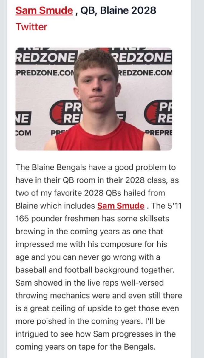 SamSmude (@samsmude) on Twitter photo Thank you <a href="/PrepRedzoneMN/">Prep Redzone Minnesota</a> for the write up! I had a great time at my first football combine. It was a great experience alongside some of the best in MN. <a href="/BlaineFootball/">Blaine Football</a>
<a href="/NWahlScouting/">Nate Wahl</a> <a href="/OJW_Scouting/">PrepRedzone Oliver</a> Thank you <a href="/PrepRedzoneMN/">Prep Redzone Minnesota</a> for the write up! I had a great time at my first football combine. It was a great experience alongside some of the best in MN. <a href="/BlaineFootball/">Blaine Football</a>
<a href="/NWahlScouting/">Nate Wahl</a> <a href="/OJW_Scouting/">PrepRedzone Oliver</a>