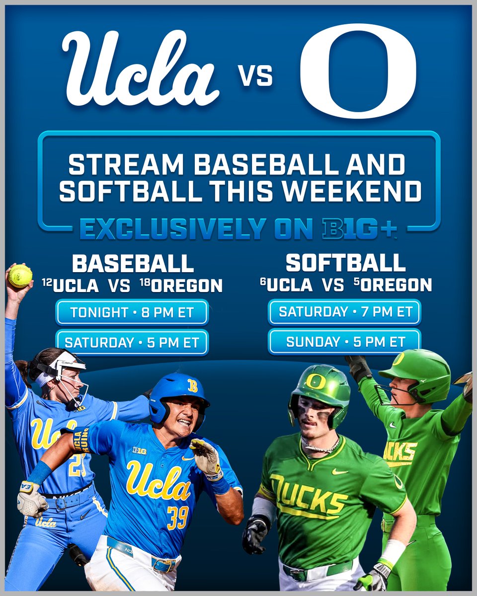 BigTenPlus's tweet image. π Lead off your weekend with @B1Gbaseball & @B1Gsoftball
You don't want to miss these top-ranked seriesπ
βΎοΈ @UCLABaseball vs. @OregonBaseball
π₯ @UCLASoftball vs. @OregonSB
π₯ Subscribe & Stream π bit.ly/B1GEventCal