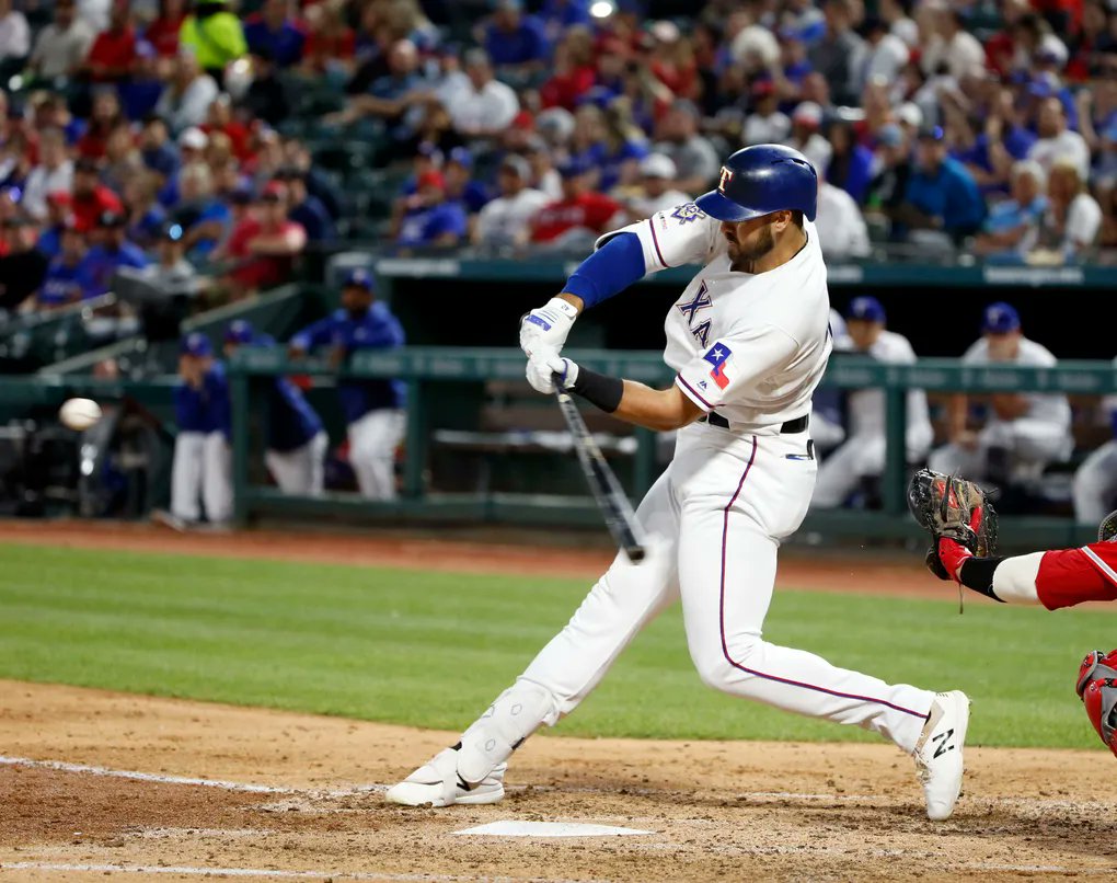 TxRangerHistory's tweet image. 4/15/19: Joey Gallo smashed a 115.1 mph homer and broke a tie with a rare RBI single as the Rangers beat the Angels 12-7. Gallo had three hits, Shin-Soo Choo homered, and Asdrúbal Cabrera hit his fifth. Kyle Dowdy got the win and José Leclerc earned the save after a shaky ninth.