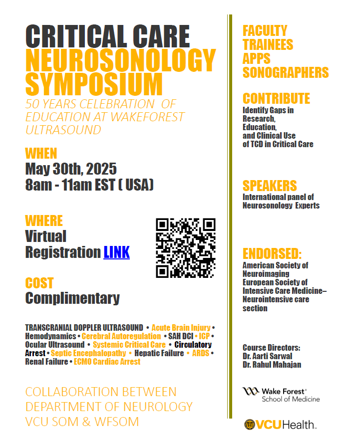 Aarti Sarwal, FNCS, FAAN, FCCM, RPNI, Professor (@aartisarwal) on Twitter photo Join us to learn past, present, future of #neuroultrasound in #Critcaremed
Critical Care Neurosonology Symposium
May 30, 8 AM EST
<a href="/UltrasoundWake/">Wake Forest Ultrasound</a> 50 yrs celebration collaboration w/' <a href="/VCUNeuro/">VCU Neurology & Neurosurgery</a>
Link: vcuhealth.zoom.us/webinar/regist…
<a href="/asneuroimaging/">American Society of Neuroimaging</a> <a href="/ESICM/">ESICM</a> <a href="/WINFOCUS/">WINFOCUS WORLD</a> Join us to learn past, present, future of #neuroultrasound in #Critcaremed
Critical Care Neurosonology Symposium
May 30, 8 AM EST
<a href="/UltrasoundWake/">Wake Forest Ultrasound</a> 50 yrs celebration collaboration w/' <a href="/VCUNeuro/">VCU Neurology & Neurosurgery</a>
Link: vcuhealth.zoom.us/webinar/regist…
<a href="/asneuroimaging/">American Society of Neuroimaging</a> <a href="/ESICM/">ESICM</a> <a href="/WINFOCUS/">WINFOCUS WORLD</a>