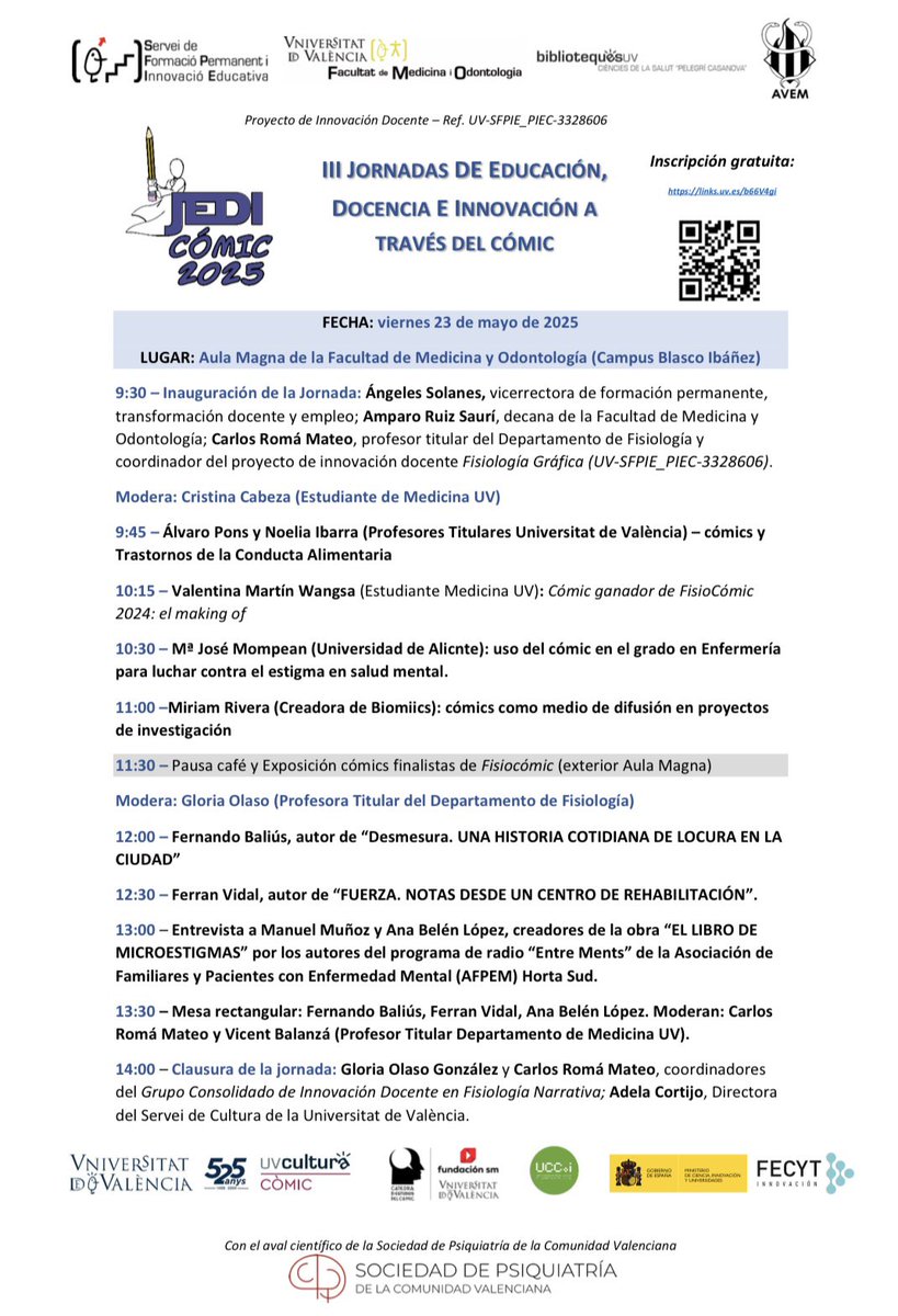 María José Mompeán Mejías - @mjmompean.bsky.social (@mjosemompean) on Twitter photo Queridos, queridas:
a very important appointment 😉
Inscripción➡️
links.uv.es/b66V4gi
<a href="/DrLitos/">Carlos Romá Mateo</a> <a href="/GloriaOlaso/">Gloria Olaso-Gonzalez</a> <a href="/medicina_uv/">Fac. Medicina UV</a> Queridos, queridas:
a very important appointment 😉
Inscripción➡️
links.uv.es/b66V4gi
<a href="/DrLitos/">Carlos Romá Mateo</a> <a href="/GloriaOlaso/">Gloria Olaso-Gonzalez</a> <a href="/medicina_uv/">Fac. Medicina UV</a>