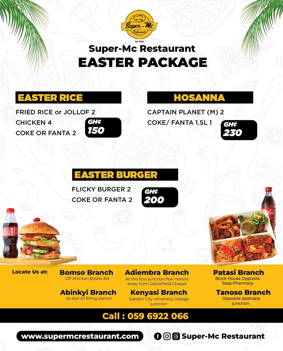 Feeding the crew or keeping it casual?
Try our Easter Rice, Hosanna, or Easter Burger combos—perfect for groups, pairs, or solo vibes.

📍 All Super MC Branches
📞 0596922066

Walk in or call to grab yours.
#SuperMCEaster #NoStressEats