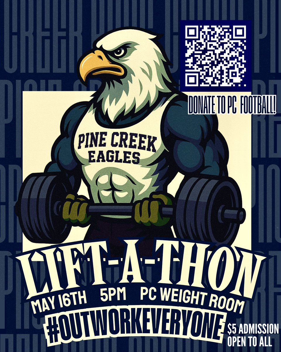 Coach Hudson (@coachhudsonpc) on Twitter photo Games arenāt just won on the field; theyāre built in the weight room! Join us for our first-ever Lift-A-Thon and rally behind our amazing players! Letās motivate them as they push their limits, and every pledge and donation counts! <a href="/pinecreek_fb/">Pine Creek Football</a> Games arenāt just won on the field; theyāre built in the weight room! Join us for our first-ever Lift-A-Thon and rally behind our amazing players! Letās motivate them as they push their limits, and every pledge and donation counts! <a href="/pinecreek_fb/">Pine Creek Football</a>