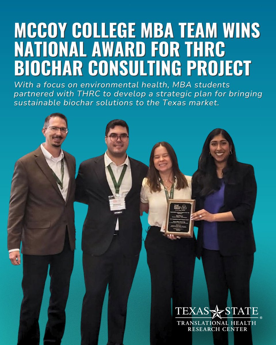 Translational Health Research Center (@thrctxst) on Twitter photo Congrats to <a href="/TXSTMcCoy/">McCoy College of Business</a> MBA Consulting Team—2nd place in Small Business Institute’s Project of the Year! Their work with THRC on Bobcat Biochar earned national recognition. Shoutout to Ryan Douglas, Mandy Fredenhagen, Mohammed Al-Laqqani, Tiffany Swan, Sandhya Velu & Dr. Cameron! Congrats to <a href="/TXSTMcCoy/">McCoy College of Business</a> MBA Consulting Team—2nd place in Small Business Institute’s Project of the Year! Their work with THRC on Bobcat Biochar earned national recognition. Shoutout to Ryan Douglas, Mandy Fredenhagen, Mohammed Al-Laqqani, Tiffany Swan, Sandhya Velu & Dr. Cameron!