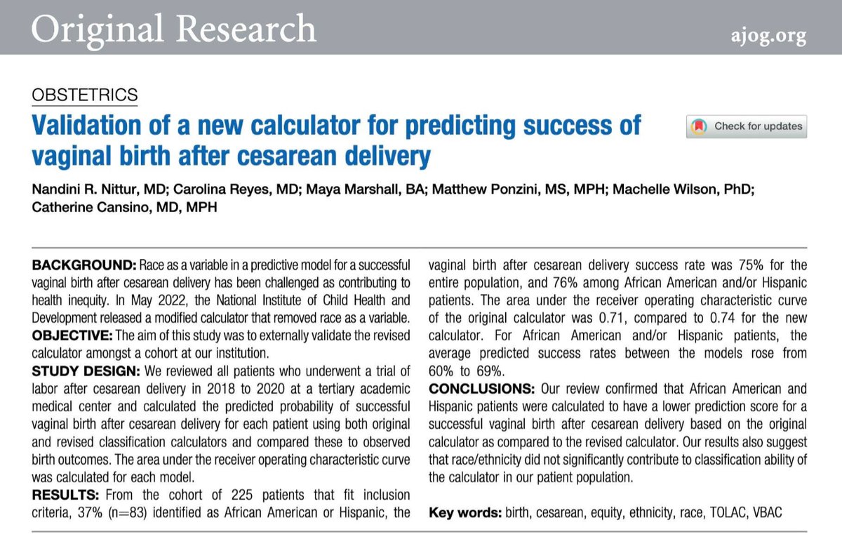 Validation of a new calculator for predicting success of vaginal birth after cesarean delivery ow.ly/bGJj50Vm4mi
