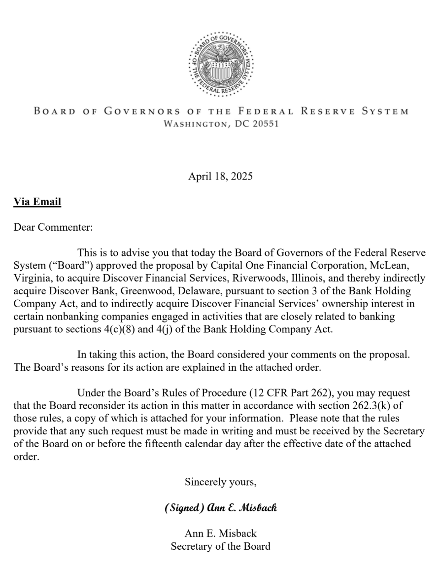 FairFinanceWatch.org (@financewatchorg) on Twitter photo FORM LETTER FROM THE FED: On Discover Merger, Federal Reserve Ex Parte Met With Capital One Now Good Friday Approval with Consent Order as Fig Leaf - Inner City Press story: innercitypress.com/bank23cbcapita… FOIA documents: documentcloud.org/documents/2555… FORM LETTER FROM THE FED: On Discover Merger, Federal Reserve Ex Parte Met With Capital One Now Good Friday Approval with Consent Order as Fig Leaf - Inner City Press story: innercitypress.com/bank23cbcapita… FOIA documents: documentcloud.org/documents/2555…