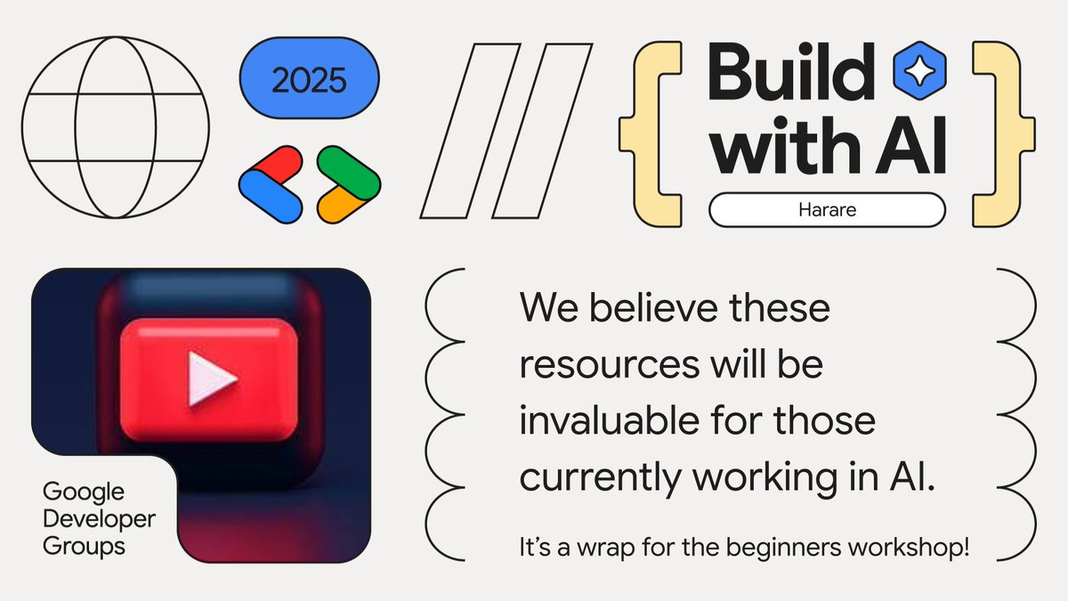 gdg_harare's tweet image. The reaources for our first workshop for the Build with AI season are now available:
YouTube Playlist: youtube.com/playlist?list=…
Slides and Code: lnkd.in/dSwF_kak
#BuildWithAI #Workshop #AIResources #Innovation #GoogleDeveloperGroups #GDGHarare