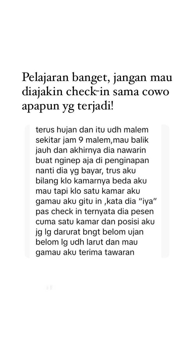 Aalyssa_0's tweet photo. Sedih banget bacanya🥀

jangan mau diajakin check-in sama cowo yang ga dikenal.. https://t.co/4hR55kX7rg