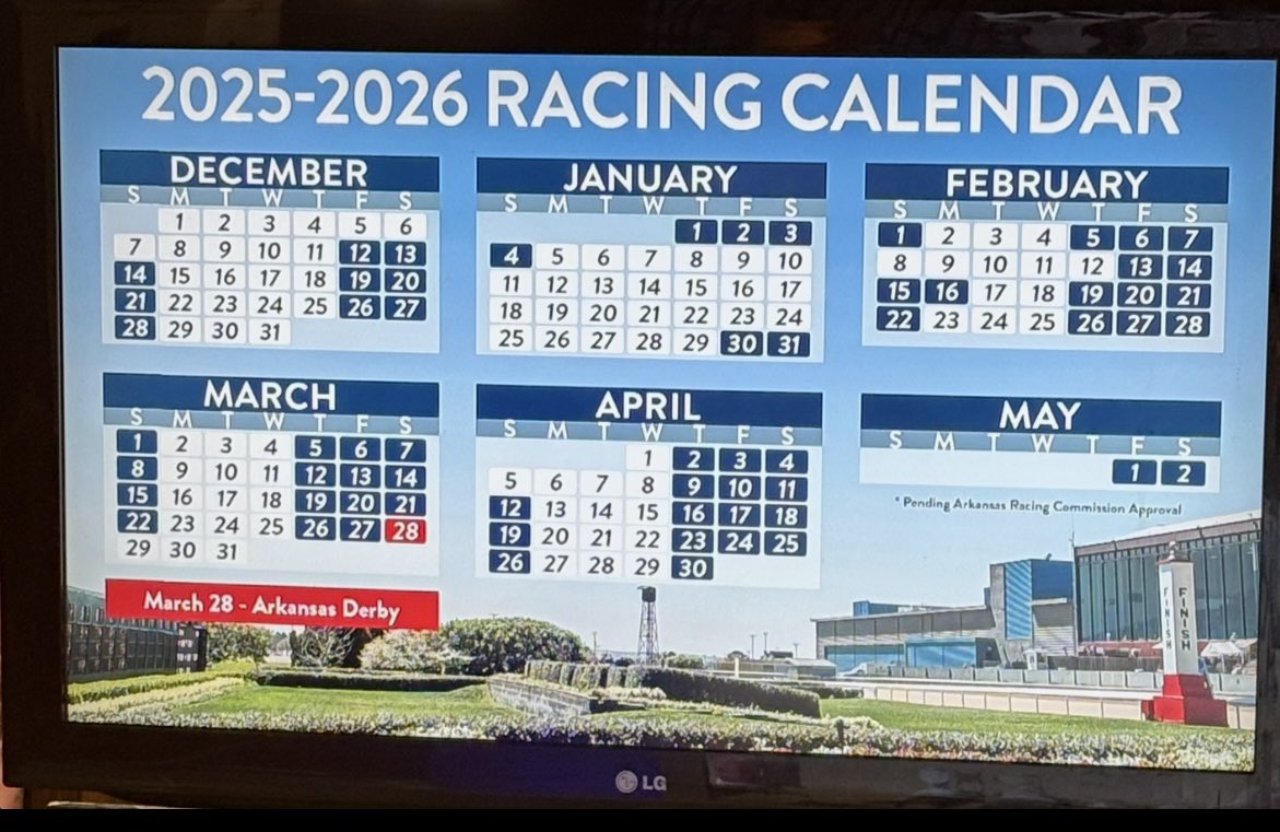BREAKING NEWS:

<a href="/OaklawnRacing/">Oaklawn Hot Springs</a> will race 4 days a week next season after a 3-week break in January. We’ll also maintain our December-1st week of January race schedule.