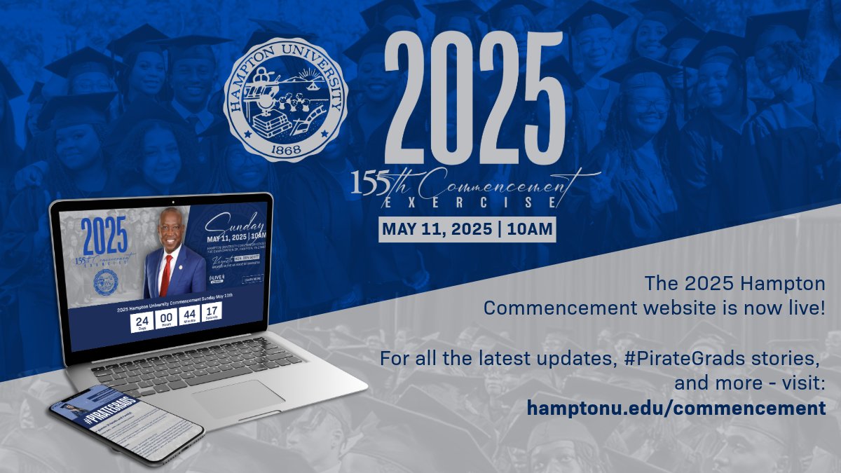 _HamptonU's tweet photo. The Countdown to Commencement is ON for the Class of 2025!
Check out the official Hampton Commencement website - LIVE now โก๏ธ https://t.co/w386uaKerO
Quintessence XII โ๏ธ...drop a ๐ below so we can celebrate you!
#PirateGrads #OneHampton #TheStandardOfExcellence #QT12 https://t.co/AClLwKiEAz