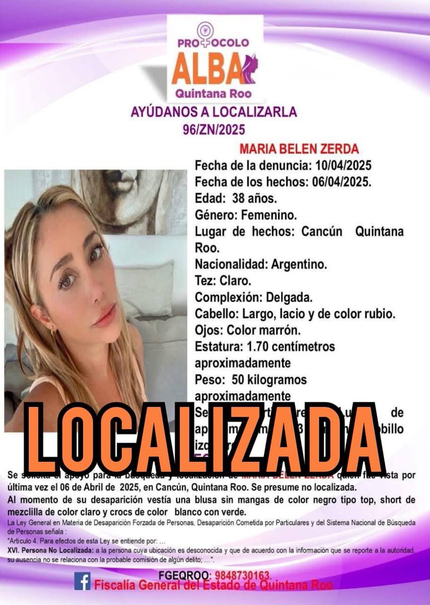 zuleikanoticias's tweet photo. Grupo Interinstitucional localiza sana y salva a mujer argentina desaparecida el 6 de abril en Benito Juárez.

María Belén Zerda fue ubicada cuando caminaba por la avenida Luis Donaldo Colosio, recibe valoración médica y se ha informado al consulado de Argentina. https://t.co/WNb2EpM1L6