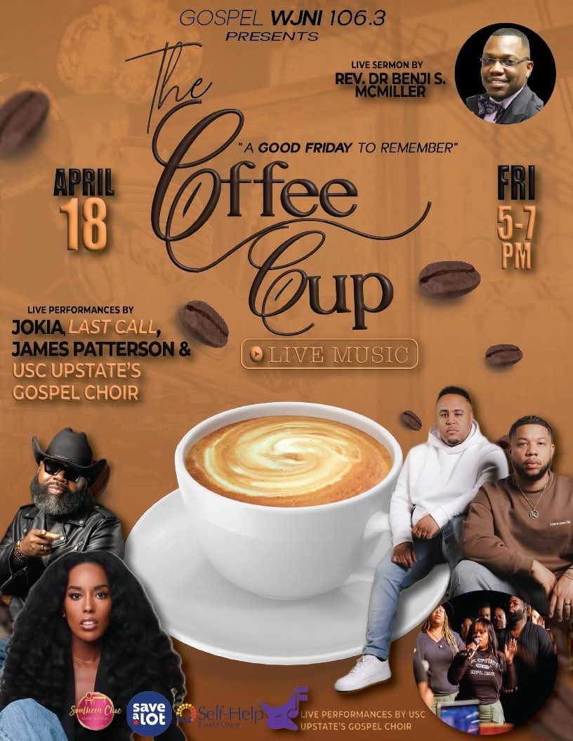 Join us tonight at 5 PM for our Good Friday Coffee Cup with WJNI 106.3 at Fox Music House! ☕🎶 Come for live music, uplifting messages, and wonderful fellowship! 🎉 #GoodFriday #LiveMusic #FoxMusicHouse #CharlestonSC