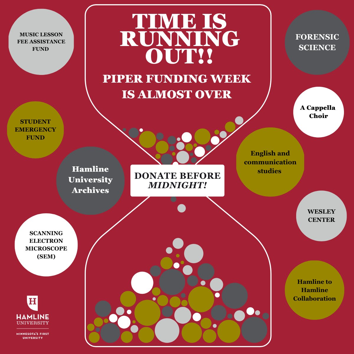 TICK-TOCK! ⏳ We are in the final hours of Piper Funding Week! Every donation before midnight fuels student success. Don't miss out! 👉  Make your gift NOW to  support these vital crowdfunding initiatives. 
hamlineag.com/pfw3