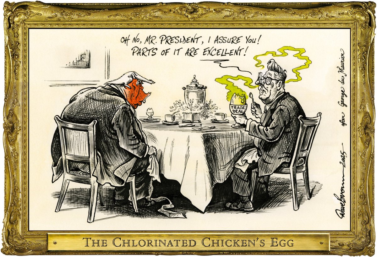 DaveBrownToons's tweet photo. Tomorrow's #RoguesGallery cartoon, after #GeorgeDuMaurier, for @Independent ... #Trump #Starmer #TrumpTariffs #TradeWar #TradeDeal #ChlorinatedChicken https://t.co/SiWoYMK1oz