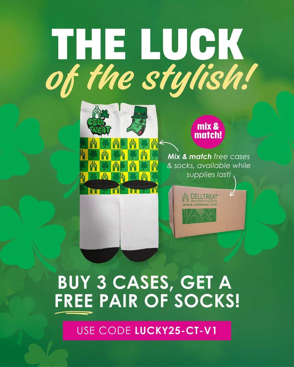 Celltreat's tweet photo. 🧦🍀 Get Them Before They’re Gone!
Our limited-edition CELLTREAT green socks are almost out! Snag your pair (or a free case) when you buy 3 cases—because nothing says “lucky” like science-themed style.

USE CODE: LUCKY25-CT-V1

#LuckyInTheLab #DiscoverCELLTREAT #ScienceStyle https://t.co/N2F2dtJjjR