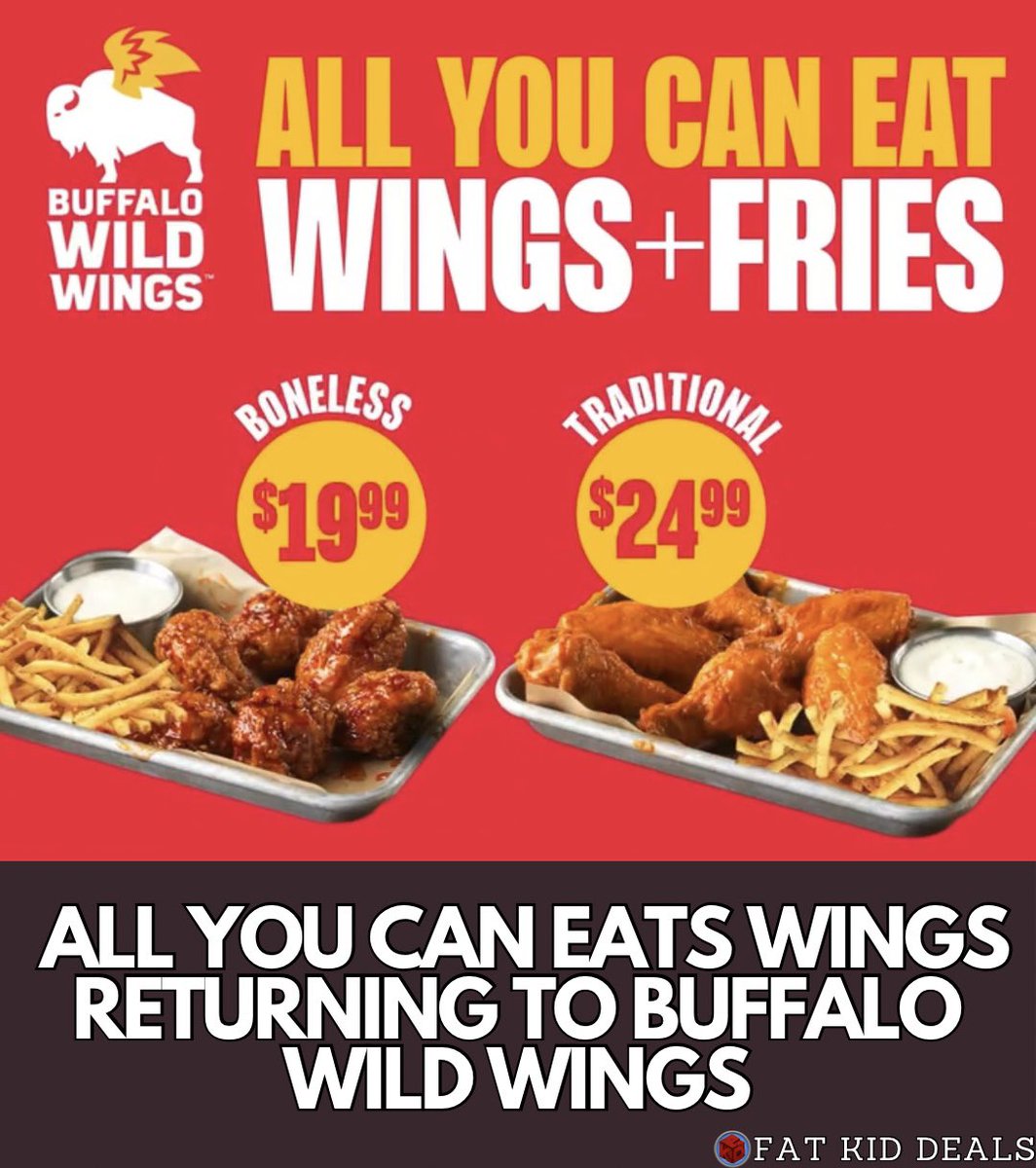Fat Kid Deals (@fatkiddeals) on Twitter photo 🚨This is not a drill 🚨
All you can eat wings and fries will be back at <a href="/BWWings/">Buffalo Wild Wings</a> Mondays-Thursdays only, starting April 21st 🚨This is not a drill 🚨
All you can eat wings and fries will be back at <a href="/BWWings/">Buffalo Wild Wings</a> Mondays-Thursdays only, starting April 21st