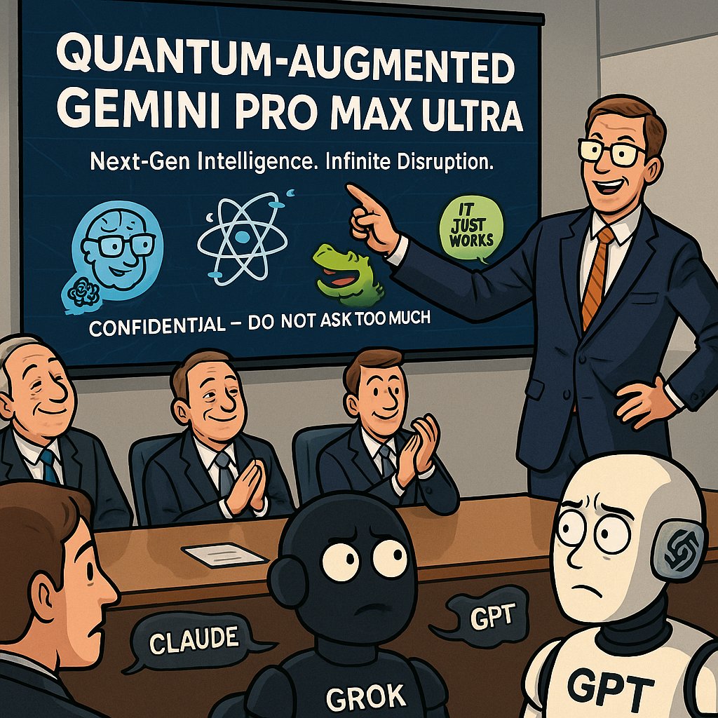 OhpenAI's tweet photo. Gemini, it’s about time you take the quantum computer out of the basement.
OpenAI's stealing the show.
It’s not the model war anymore — it’s narrative supremacy.Put “Quantum-Augmented Gemini Pro Max Ultra” on your next pitch deck.
We’ll pretend to believe you.
#AIWars #MemeCult #OpenAIHype #TechHumor #QuantumComputing #GoogleAI #ViralMeme