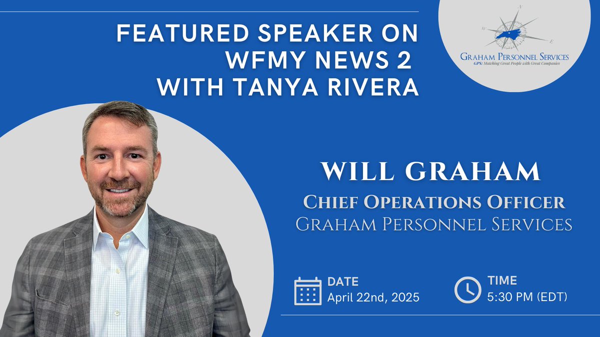 JobswithGraham's tweet photo. Will Graham will be joining Tanya Rivera on WFMY News 2 (@WFMY @2WTK) discuss the Triad job market, sharing valuable insights and advice for both job seekers and employers! 💼

Be sure to tune in on April 22 and learn how GPS can help connect you.
Don't miss it! 📺 https://t.co/hIolhsvCBh