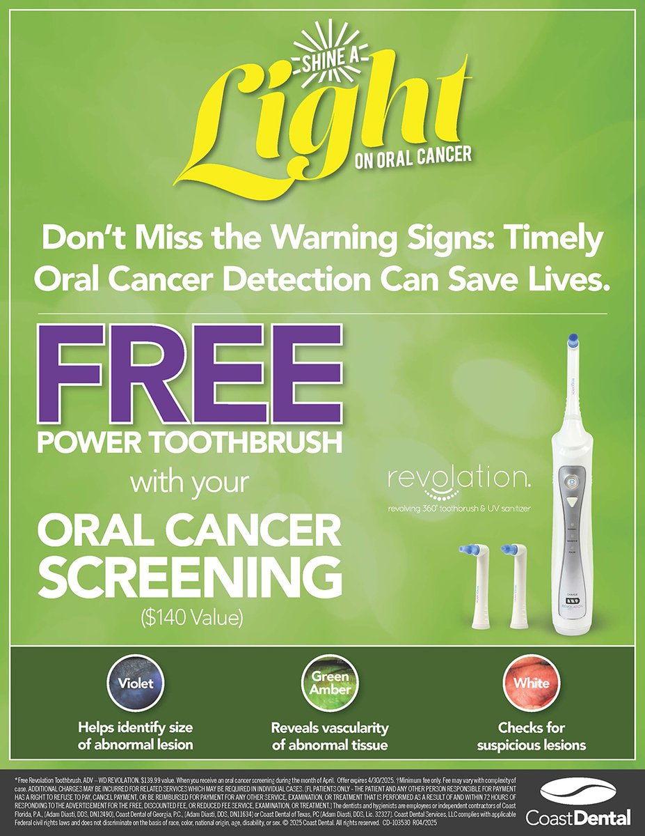 Protect your smile and your health this April at Coast Dental. With every oral cancer screening, take home a complimentary Revolation 360-Degree Power Toothbrush &amp; UV Sanitizer by DentistRx. Don’t miss out on this $140 value. Schedule your screening now! 💚🦷

Call Us (877)