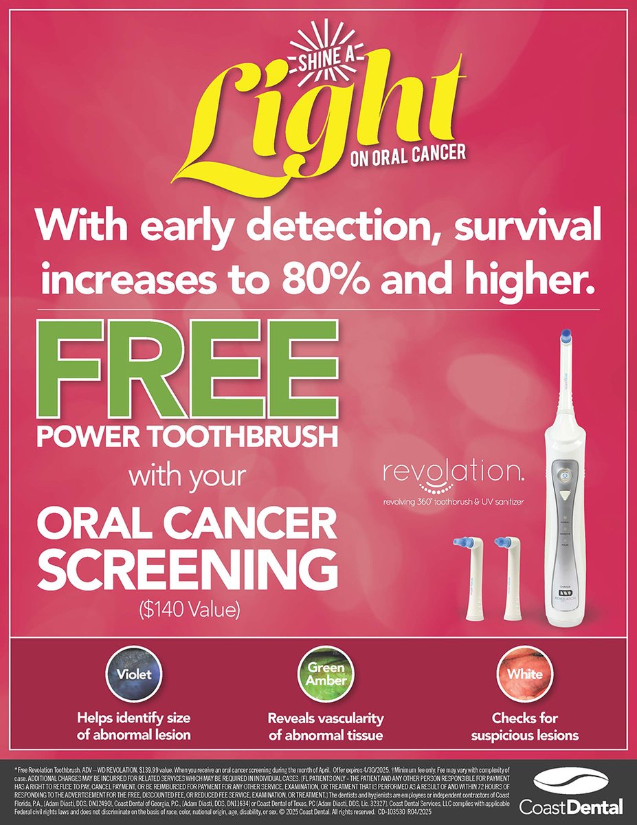 🚨 Oral Cancer Awareness Month is almost over! Get screened at any Coast Dental office before the end of the month and receive a FREE Revolation 360-degree power toothbrush from DentistRx ($140 value). Early detection saves lives - book your appointment today! ❤️🦷

Call Us (877)