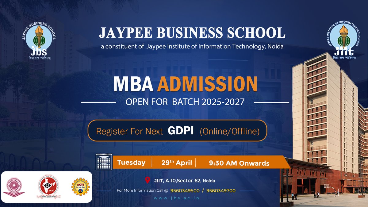 NoidaJBS's tweet photo. GD/PI on April 29, 2025 for admission to MBA Programmes at Jaypee Business School  

GD/PI for admissions to MBA will be held In person or Online via Zoom/Google Meet on April 8, 2025    

Visit the link for GD/PI Registrations: https://t.co/8IL8p81IAD 

#mba #GDPI #JBS #jaypee https://t.co/KuDKZiaAug
