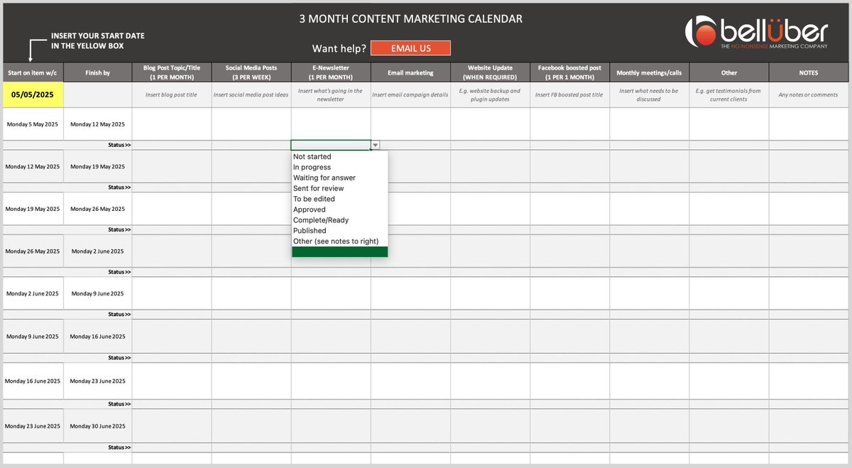 belluber's tweet photo. If you'd like this useful Marketing Calendar template, comment YES on this post and I'll send you the download link. No email address or any other contact info required (as we all know how annoying that can be!)
Schedule 3 months of activities for marketing your business. https://t.co/aWu1EvGKcr
