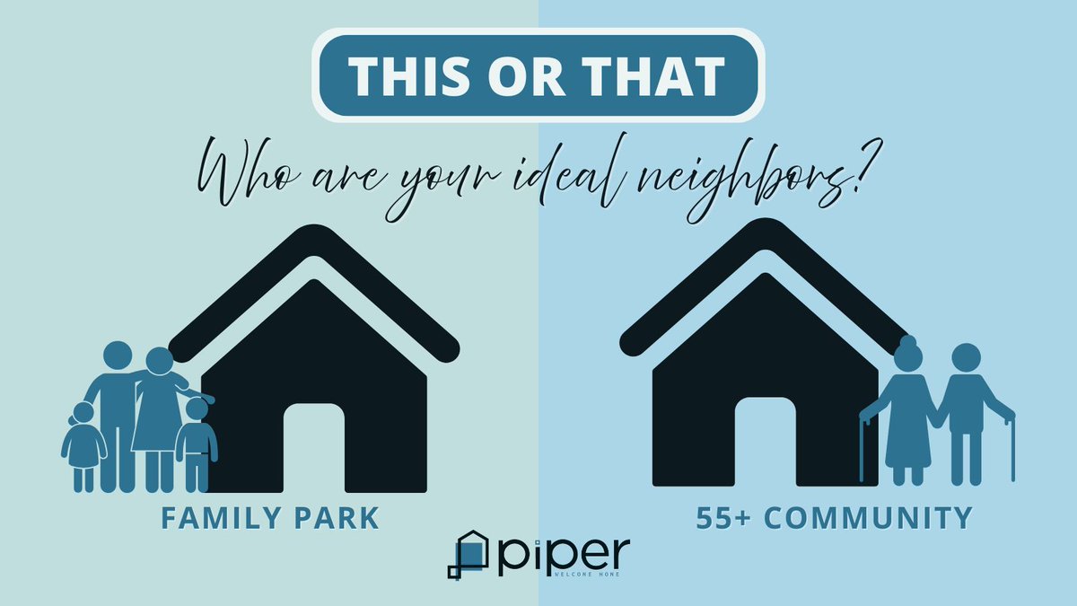 PiperCapital's tweet photo. Family Park 🆚 55+ Community

Who are your ideal neighbors? 
Whether you're looking for playgrounds &amp; laughter or peace &amp; pickleball—there's a perfect place for you. 

#MobileHomeLiving #PiperCapitalHoldings #FamilyParkVs55Plus #ChooseYourCommunity #HomeSweetHome https://t.co/YpXQjV8Ry6