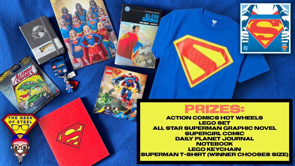 SUPERMAN INTERNATIONAL GIVEAWAY

To help celebrate #SupermanDay I’m giving away all these prizes to one lucky winner.

How to enter:
-Follow @TheGeekOfSteel
-Share this post 

One winner announced on April 27th.

Good luck and look up!
#Superman