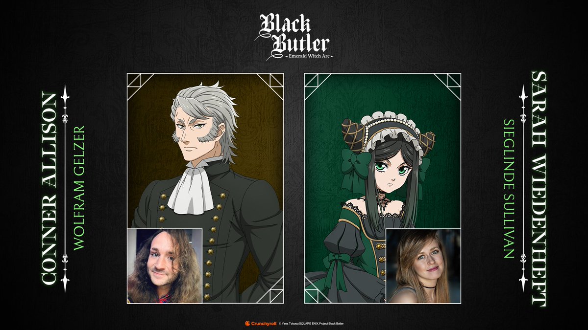 Crunchyroll (@crunchyroll) on Twitter photo The English dub of Black Butler -Emerald Witch Arc- begins tomorrow!
Sullivan - <a href="/SarahWiedenheft/">Sarah Wiedenheft</a>
Wolfram - <a href="/ConnerAllisonVA/">Conner VA™️✖️</a>
🐺 CAST & CREW: got.cr/BBEWADub The English dub of Black Butler -Emerald Witch Arc- begins tomorrow!
Sullivan - <a href="/SarahWiedenheft/">Sarah Wiedenheft</a>
Wolfram - <a href="/ConnerAllisonVA/">Conner VA™️✖️</a>
🐺 CAST & CREW: got.cr/BBEWADub