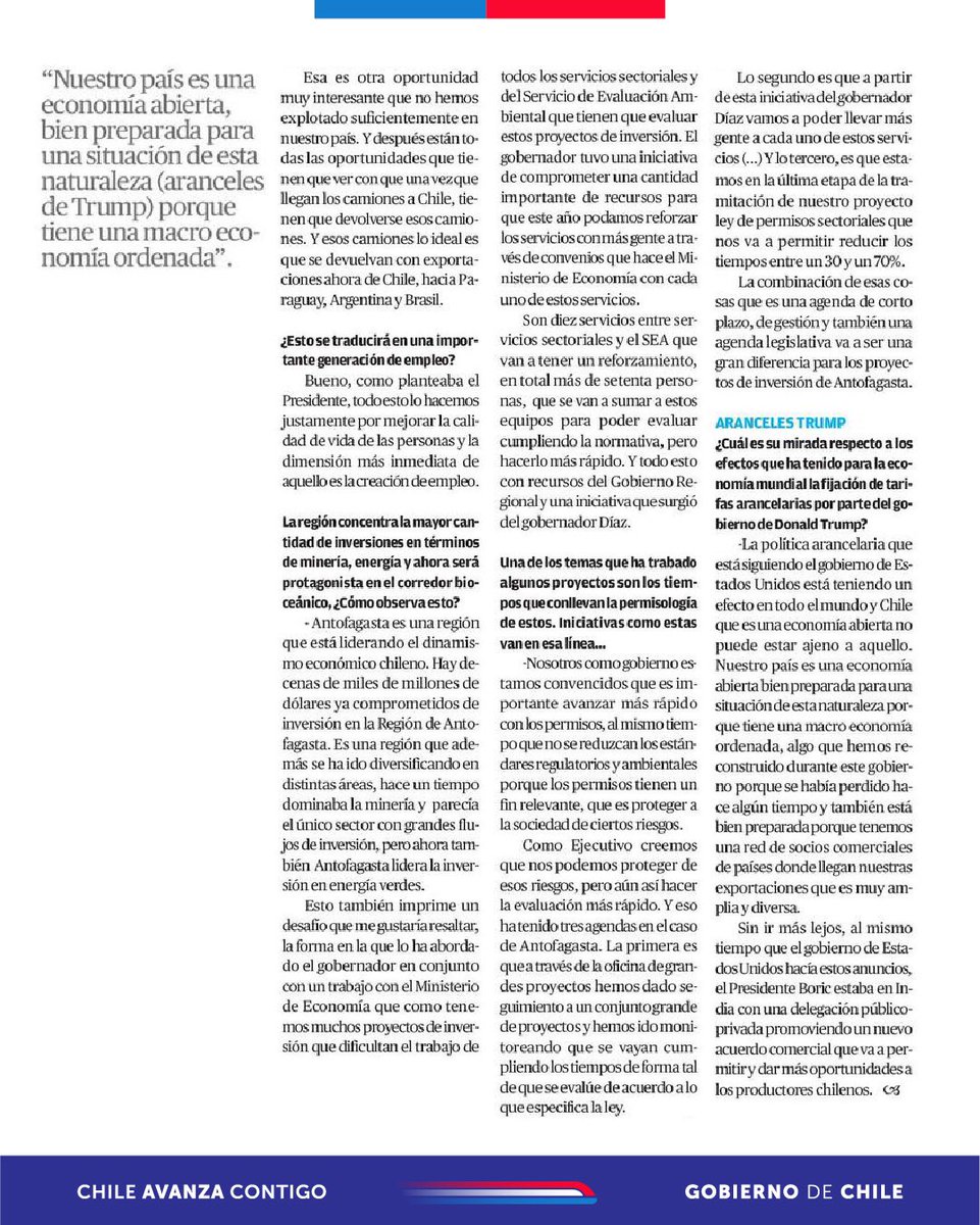 📰 #Entrevista El ministro de Economía, Nicolás Grau, profundizó en el Mercurio de Antofagasta detalles respecto a la presentación del Plan de Acción del Corredor Bioceánico Vial.

👉 El corredor es un proyecto de integración regional que tiene como objetivo conectar de manera