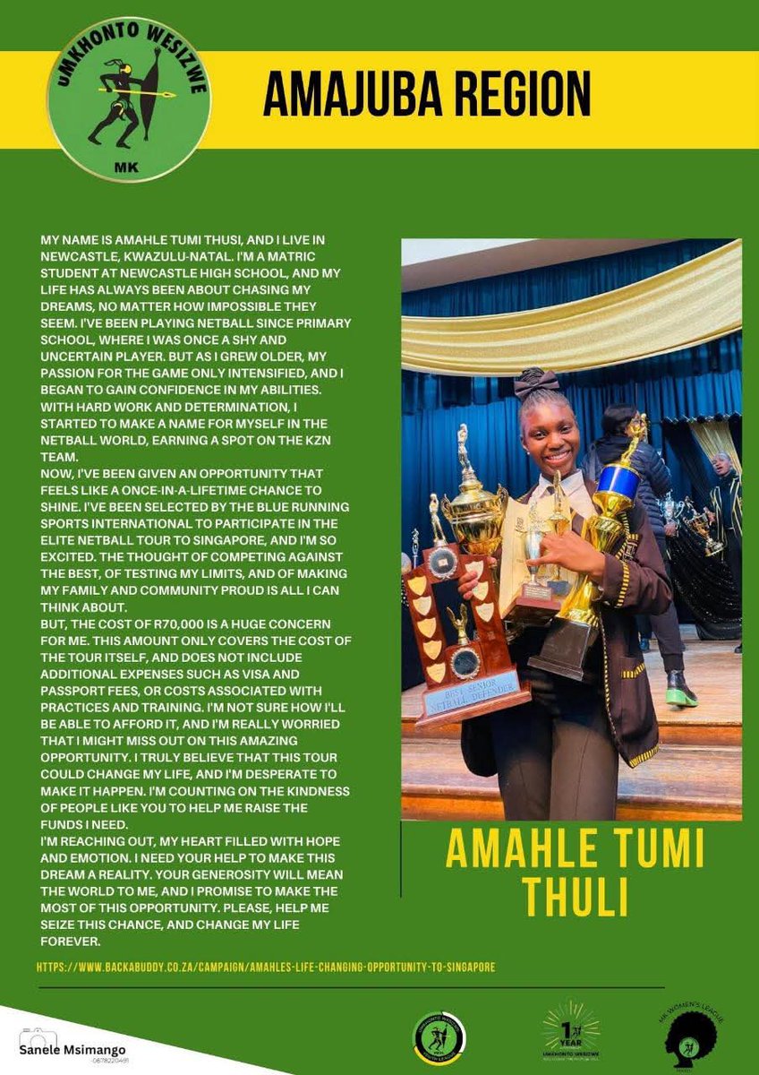 Commanders, please  Let’s support Amahle Thuli from Newcastle  as she’s been selected for an international netball tour to Singapore.

The family cannot afford the R70 000 travel cost. Little help will go a long way.