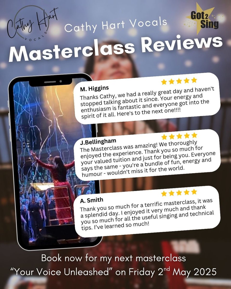 Ready to belt it out and have a laugh?
Join me Fri 2nd May at Got 2 Sing HQ for a singing masterclass full of technique tips, mindset magic + a lot of “aha” moments!
We’re working on “She Used to Be Mine” + “Maybe This Time” — iconic vibes only. Snag your spot while you can!
