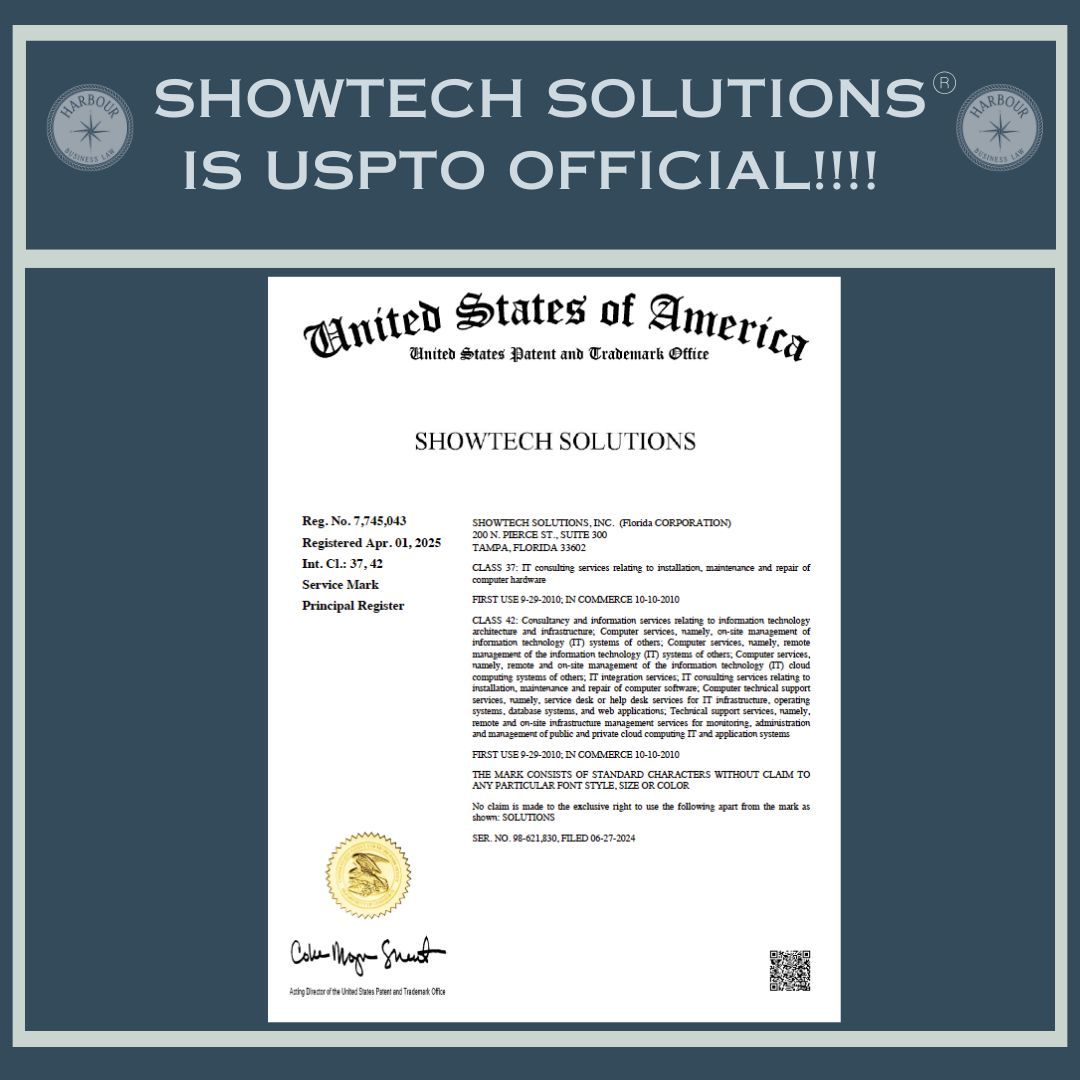 HarbourBizLaw's tweet image. 💥 Client Win Alert💥 
Shout-out to Showtech Solutions—their #trademark is officially secured.
 
See the innovation behind the brand: showtechsolutions.com — fair warning: the tech is sharp, the vision is sharper.
#NextLevelBranding #TechStrong #ShowtechSolutions #ClientWin