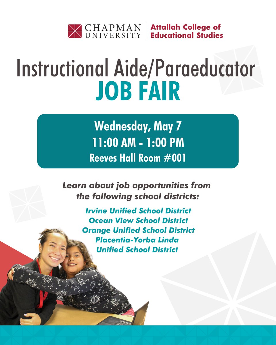 Looking for a part-time job that fits your class schedule? Join us for the Instructional Aide/Paraeducator Job Fair!

📅 Wednesday, May 7
🕚 11:00 AM – 1:00 PM
📍 Reeves Hall Room #001

#AttallahCollege #ChapmanU